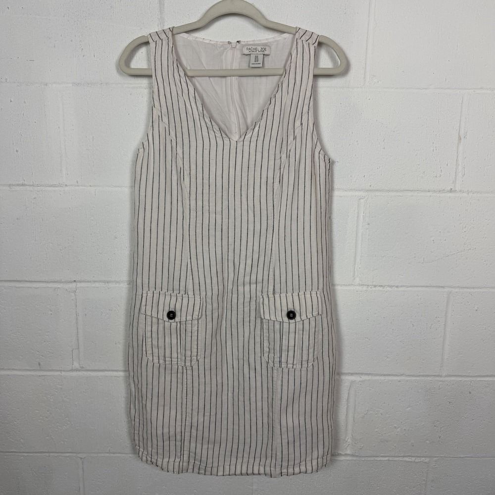 Rachel Zoe V-Neck Dress Linen Blend Lined Striped Classic Preppy Coastal Paris 8